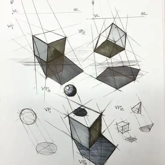 Geometric sketches with perspective lines and shapes, including cubes, spheres, and cones, demonstrating depth and vanishing points.