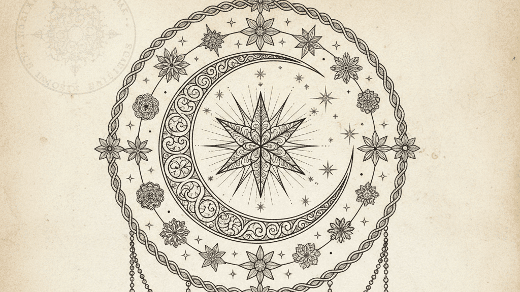 Intricate celestial mandala design featuring a crescent moon, stars, and cosmic symbols on a vintage background. Perfect for mystical themes.