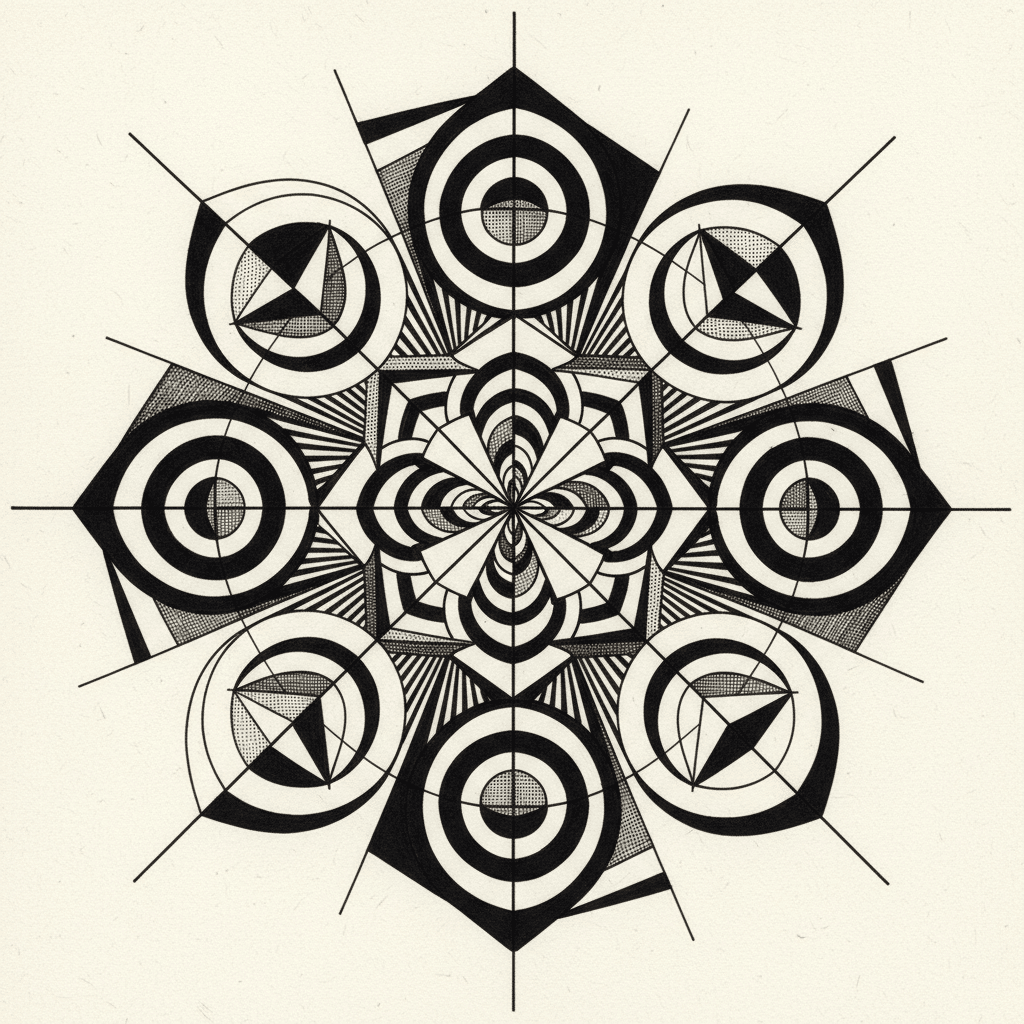 Symmetrical black and white geometric mandala with circular and triangular patterns on a light background, creating a hypnotic optical illusion.