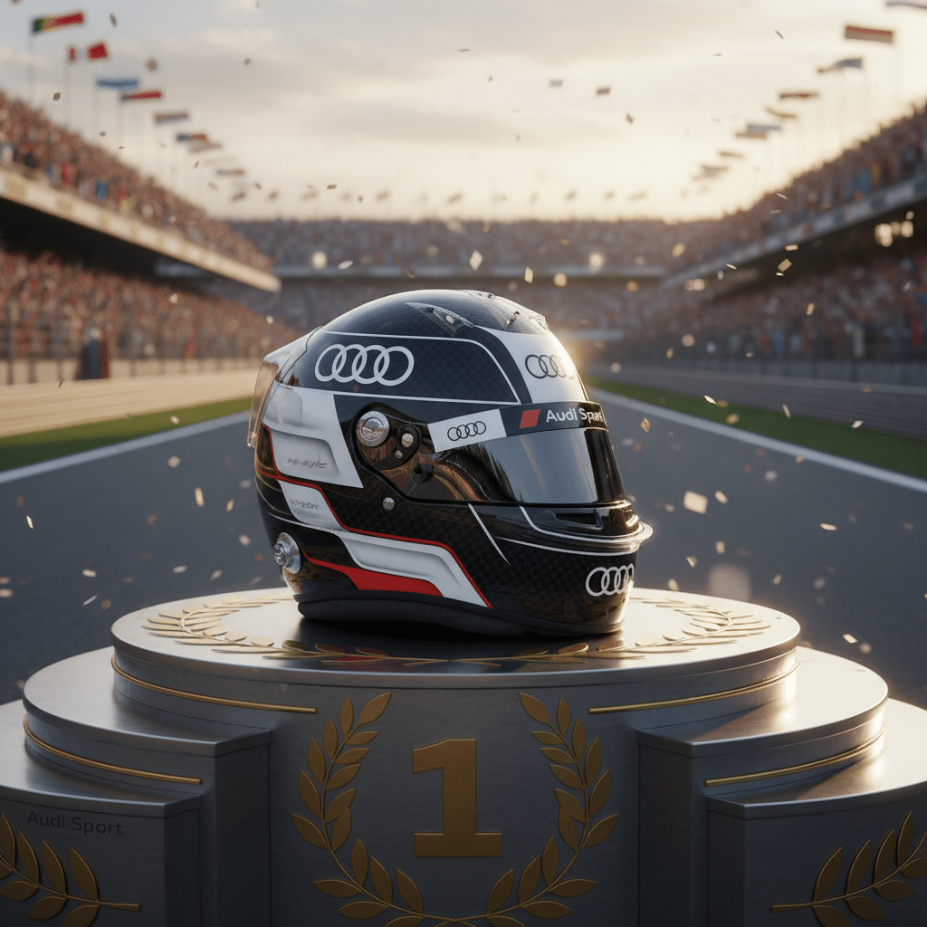 Audi racing helmet on podium celebrating victory at the racetrack with confetti in the air.