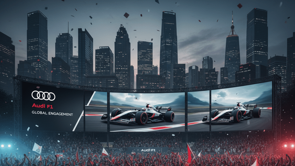 Crowd cheering in front of large screens displaying Audi F1 cars, with a city skyline backdrop and confetti in the air.
