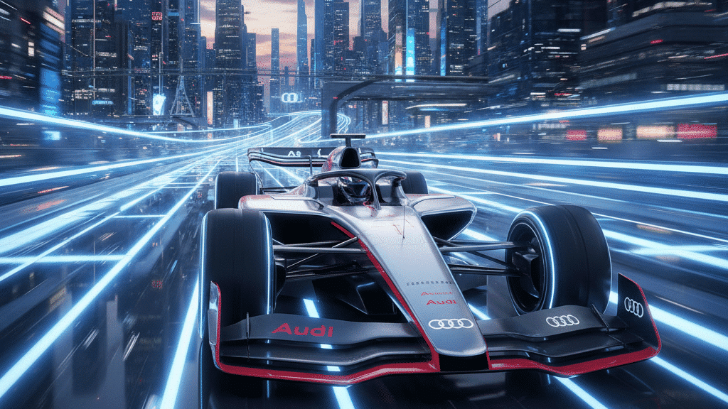 Futuristic racing car speeding through a neon-lit cityscape with towering skyscrapers and flying vehicles, showcasing innovation and speed.