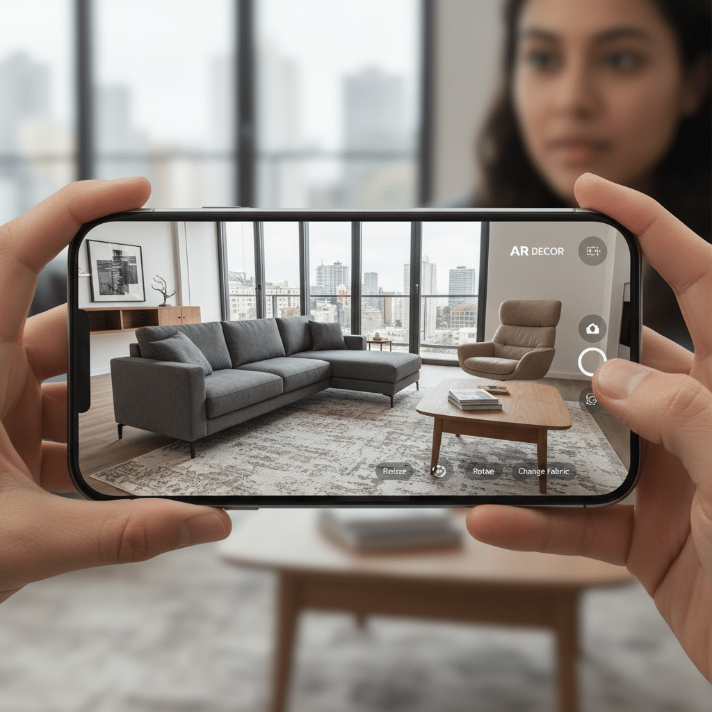 image Augmented reality app displaying virtual living room furniture through smartphone in a modern apartment setting. | Sky Rye Design Augmented reality app displaying virtual living room furniture through smartphone in a modern apartment setting.