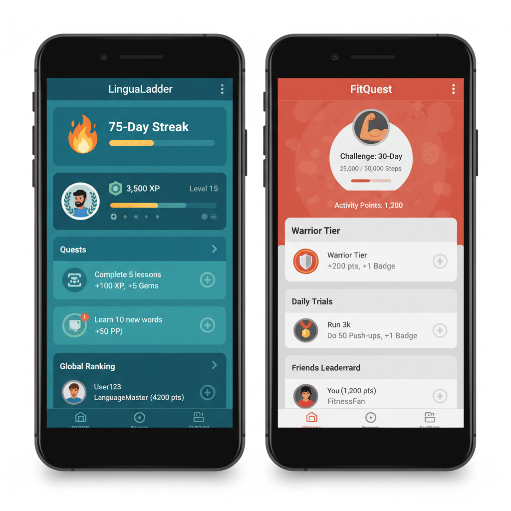 Two mobile app screens: LinguaLadder for language learning and FitQuest for fitness challenges, showcasing progress and goals.