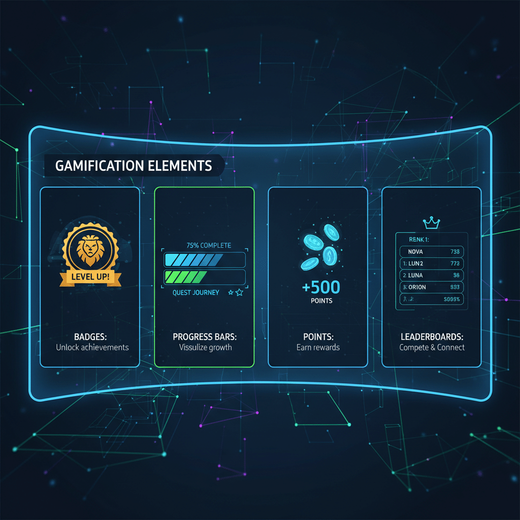 Illustration of gamification elements: badges for achievements, progress bars for growth, points for rewards, and leaderboards for ranking.