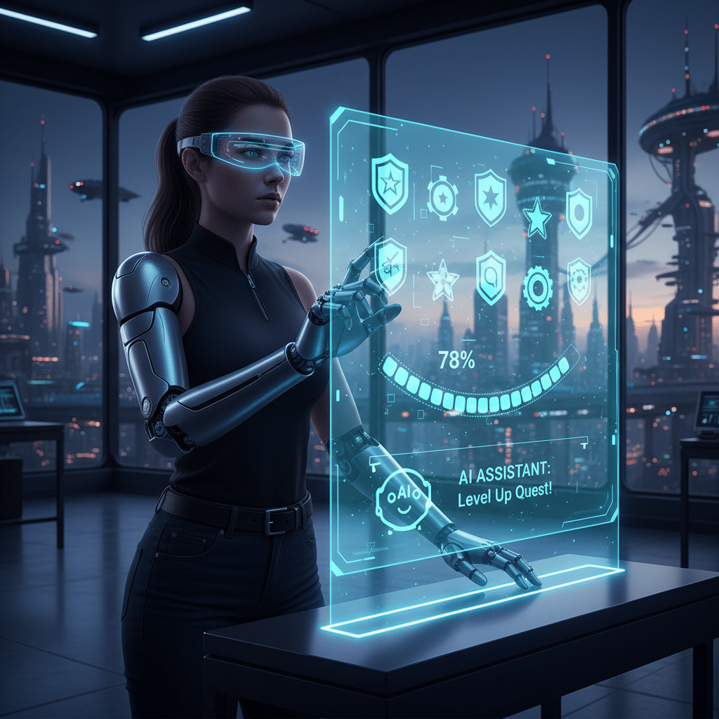 Cyborg woman using futuristic AI interface in a high-tech cityscape, wearing VR glasses, exploring digital advancements and innovation.