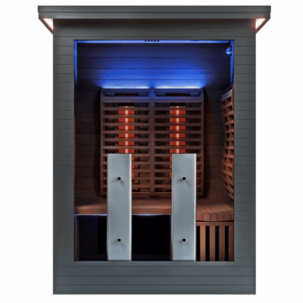 Modern infrared sauna with wooden interior and glowing panels, designed for relaxation and therapeutic heat benefits.