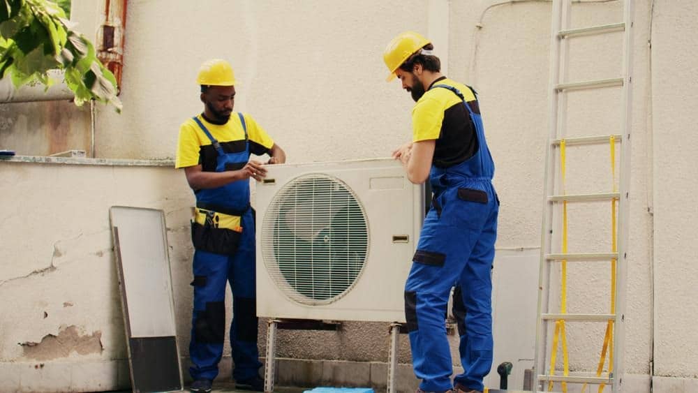 Technicians in blue overalls and hard hats working on outdoor air conditioning unit installation.