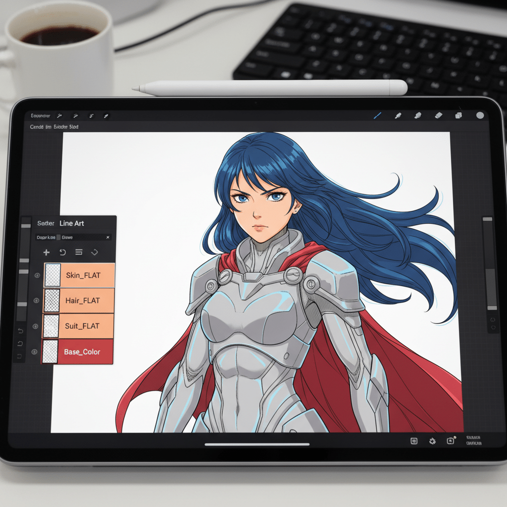 image Digital art on a tablet showing a female warrior in armor with blue hair, creative design process displayed. | Sky Rye Design Digital art on a tablet showing a female warrior in armor with blue hair, creative design process displayed.