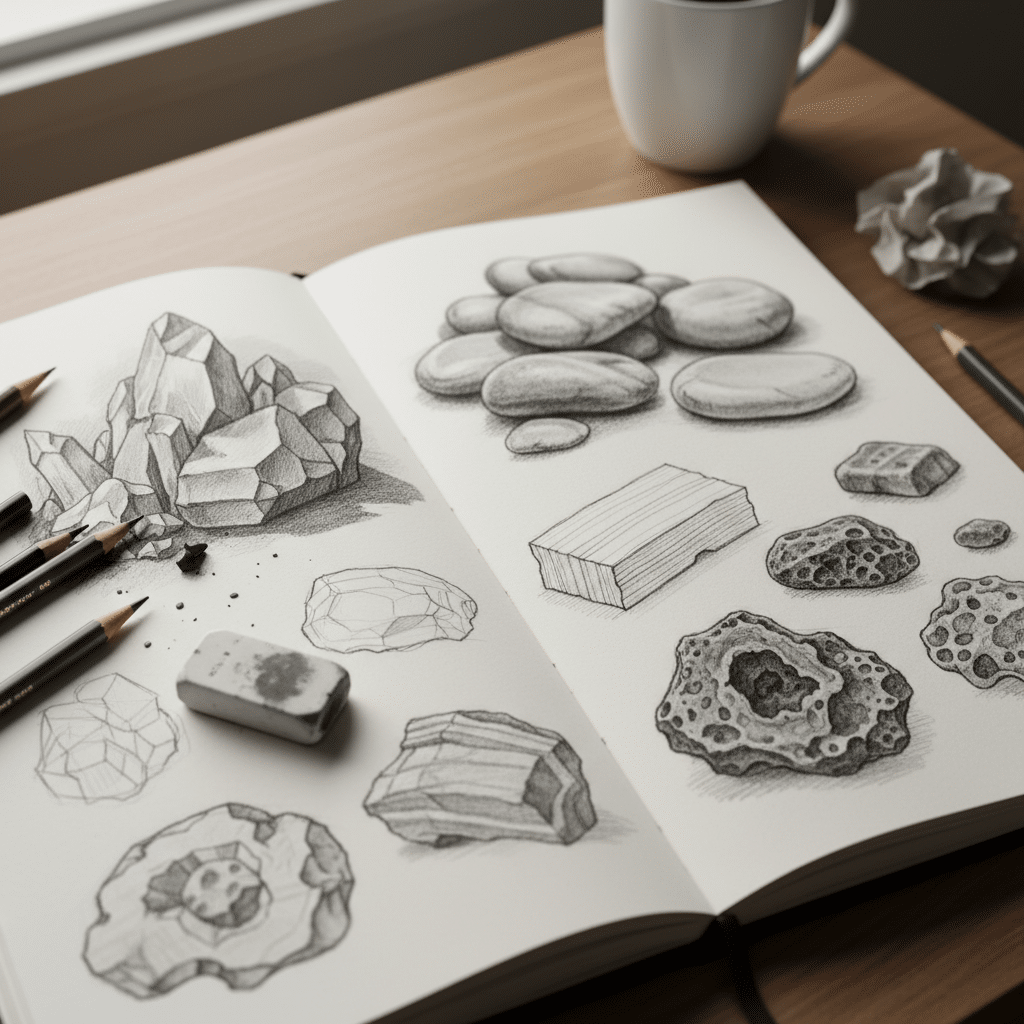 Open sketchbook with pencil drawings of various rocks and minerals on a table, alongside pencils and an eraser, with a mug in view.