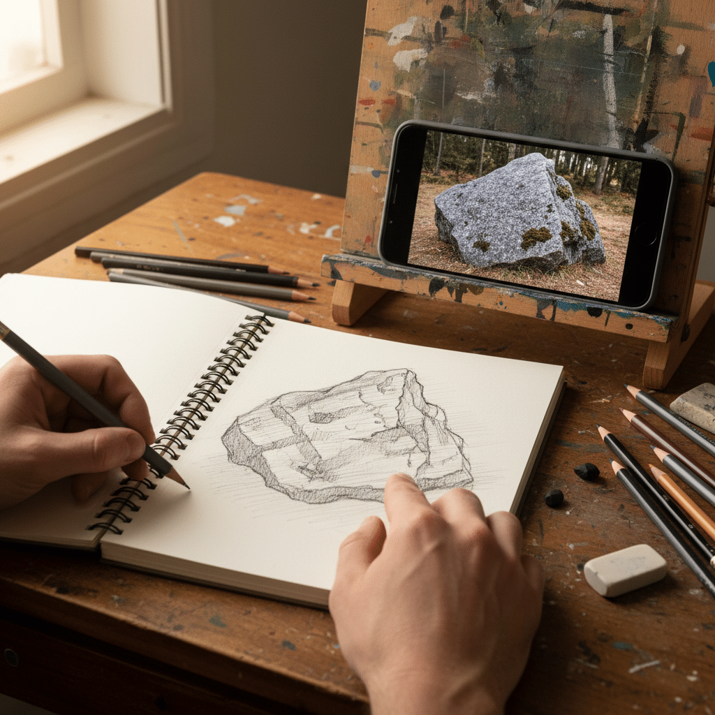 Artist sketching a rock from a smartphone image, surrounded by pencils and paper on a wooden desk for realistic drawing practice.
