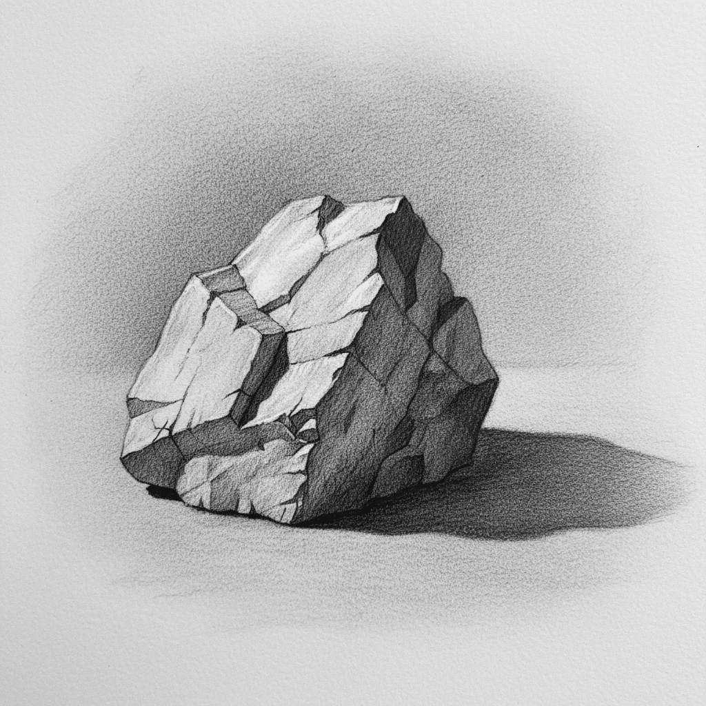 Pencil sketch of a detailed, textured rock on a shadowed surface, displaying intricate shading and fine art techniques.