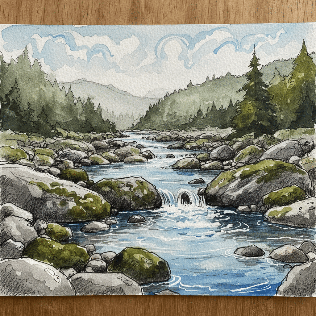 Watercolor landscape of a mountain stream, surrounded by rocks and evergreen trees, under a cloudy sky. Serene nature scene.