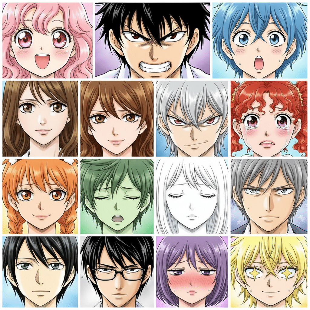image Grid of diverse anime faces with various expressions, featuring colorful hair and unique emotions in a square layout. | Sky Rye Design Grid of diverse anime faces with various expressions, featuring colorful hair and unique emotions in a square layout.