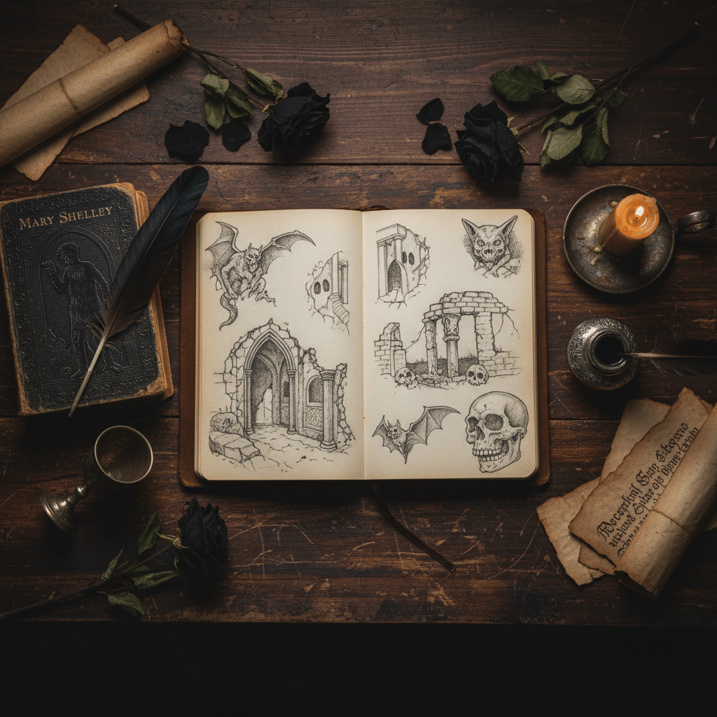 Open sketchbook with gothic illustrations, surrounded by a candle, black roses, an ink quill, and an old book on a wooden table.