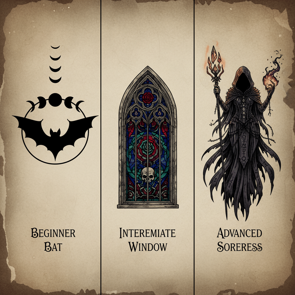 Stylized progression with a bat symbol, stained glass window, and hooded sorceress. Levels: Beginner, Intermediate, Advanced.