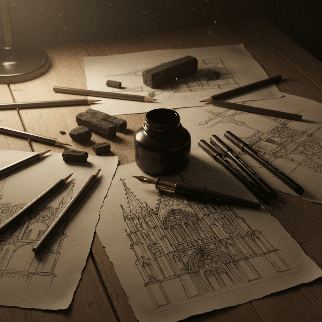 Architectural sketches with pencils, pens, ink bottle, and charcoal on a wooden desk, capturing creative design ideas.