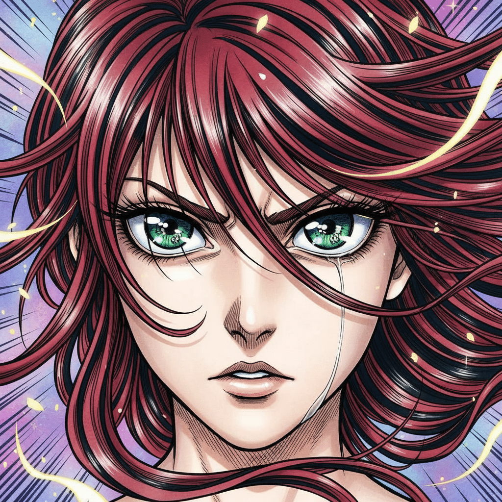 image Anime character with red hair and green eyes, dynamic expression, purple background. | Sky Rye Design Anime character with red hair and green eyes, dynamic expression, purple background.