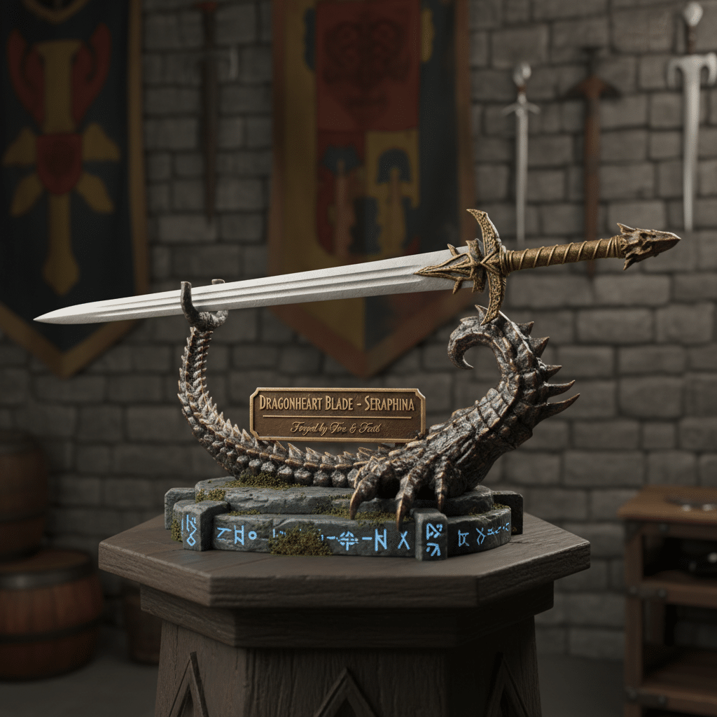 Medieval sword on ornate dragon-themed stand with runes, labeled Dragonheart Blade - Seraphina, set against stone wall and banners.