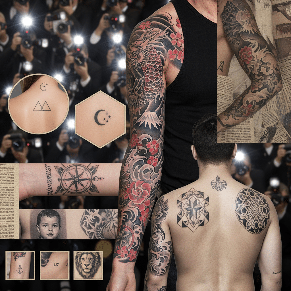 image Person with diverse tattoos, including a colorful koi fish sleeve and various geometric designs, stands before a crowd of photographers. | Sky Rye Design Person with diverse tattoos, including a colorful koi fish sleeve and various geometric designs, stands before a crowd of photographers.