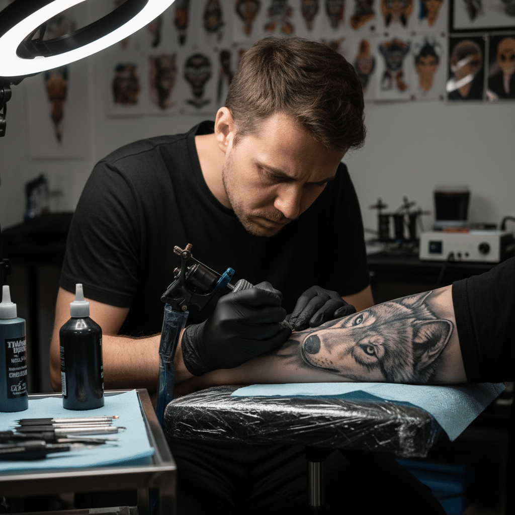 image Tattoo artist focusing on detailed wolf design on client's arm under professional lighting in a studio setting. | Sky Rye Design Tattoo artist focusing on detailed wolf design on client's arm under professional lighting in a studio setting.