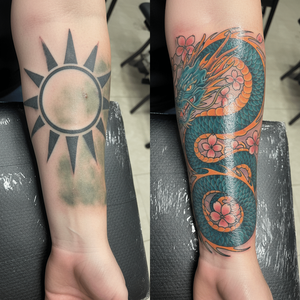 image Arm tattoo transformation from a black sun design to a detailed, colorful dragon with cherry blossoms. Tattoo cover-up artistry. | Sky Rye Design Arm tattoo transformation from a black sun design to a detailed, colorful dragon with cherry blossoms. Tattoo cover-up artistry.