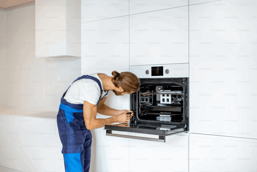 Technician repairing built-in oven in modern kitchen. Home appliance maintenance by professional.
