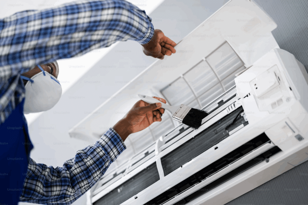 Technician cleaning air conditioner with a brush, wearing a mask and plaid shirt, for optimal cooling efficiency.