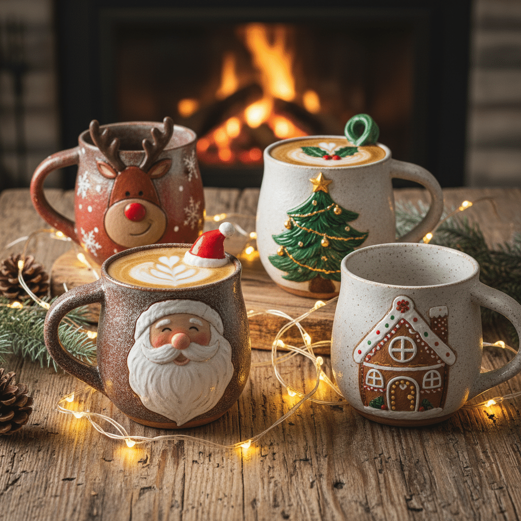 Festive holiday mugs with Christmas designs by a cozy fireplace, surrounded by pine cones and twinkle lights.