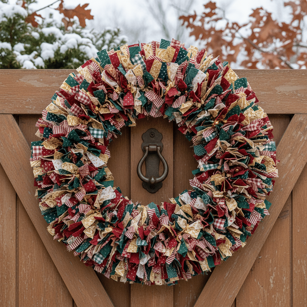image Festive multicolor fabric wreath on a wooden gate, with winter foliage and snow in the background. | Sky Rye Design Festive multicolor fabric wreath on a wooden gate, with winter foliage and snow in the background.