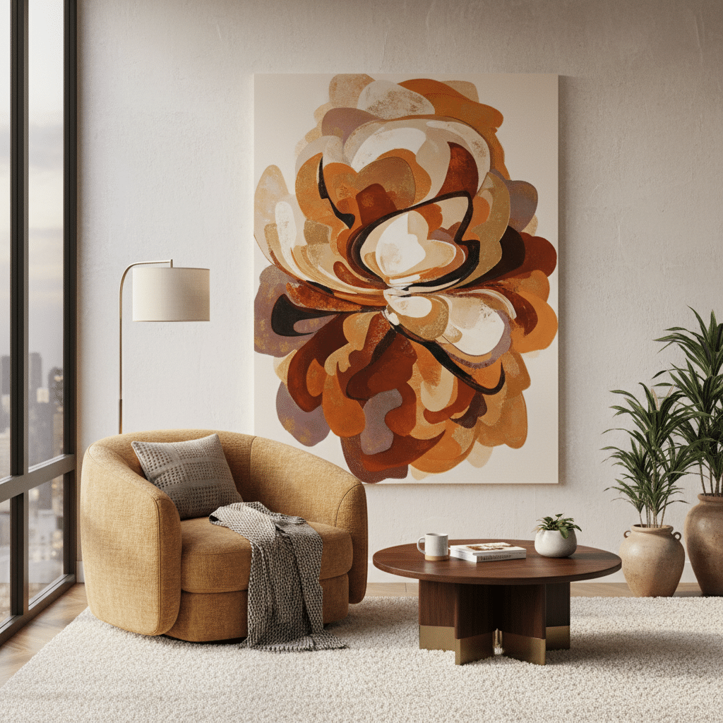 Cozy living room with modern art, beige chair, coffee table, and city view window.