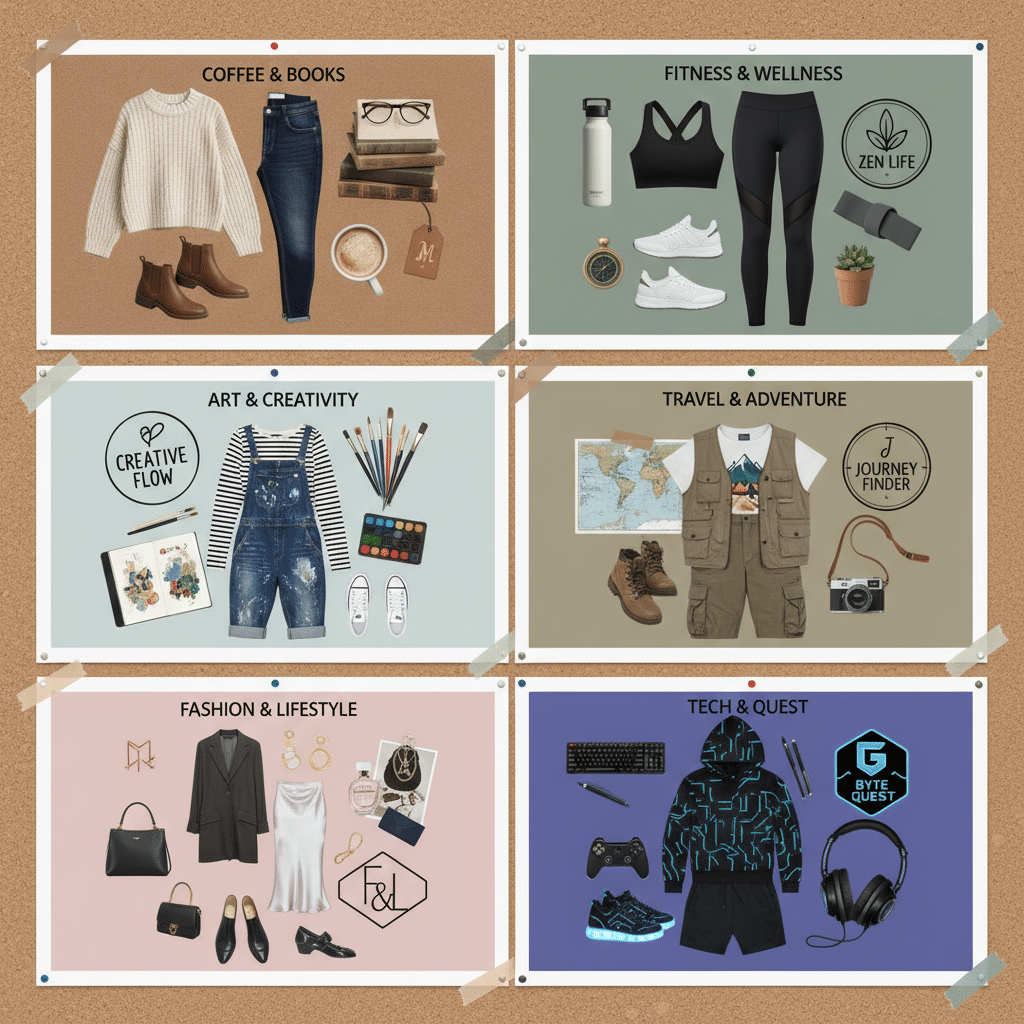 Collage with themed outfits: Coffee, Fitness, Art, Travel, Fashion, Tech. Each features clothes and accessories.
