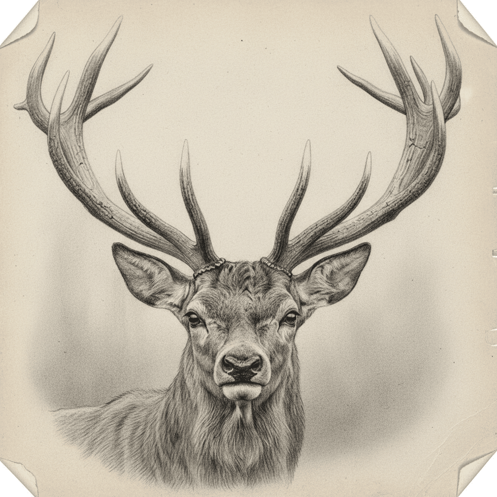 Detailed sketch of a stag with large antlers, facing forward on a vintage paper background.