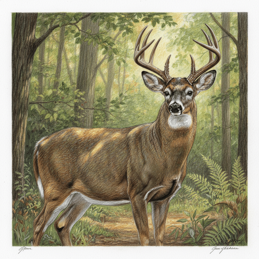 Majestic buck in forest setting, showcasing antlers and summer coat amidst green foliage.