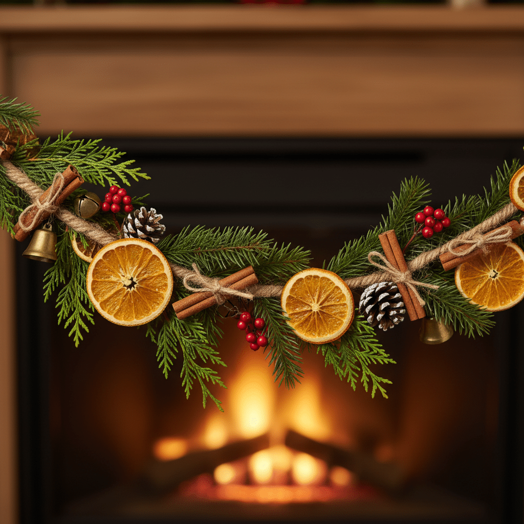 image Festive garland with dried oranges, pine cones, and spices hanging above a cozy fireplace. | Sky Rye Design Festive garland with dried oranges, pine cones, and spices hanging above a cozy fireplace.