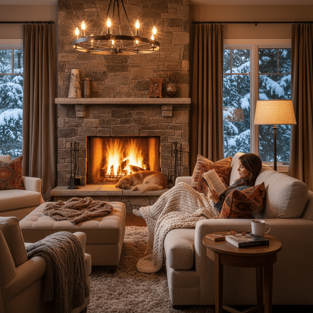 image Cozy living room with a lit fireplace, person reading on sofa, and dog resting on hearth. Winter scene outside window. | Sky Rye Design Cozy living room with a lit fireplace, person reading on sofa, and dog resting on hearth. Winter scene outside window.