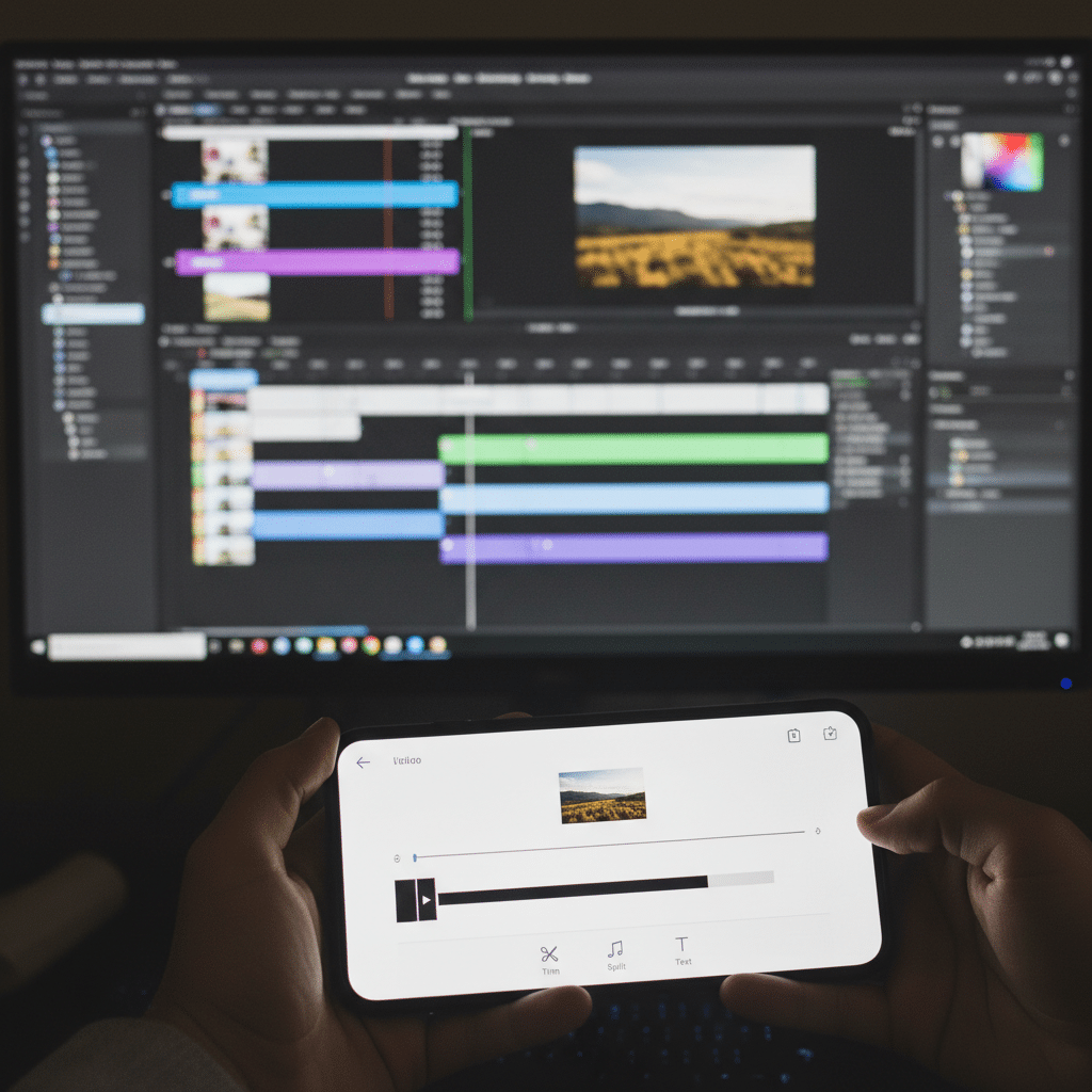 image Person editing video on computer and smartphone, showcasing multimedia production workflow. | Sky Rye Design Person editing video on computer and smartphone, showcasing multimedia production workflow.