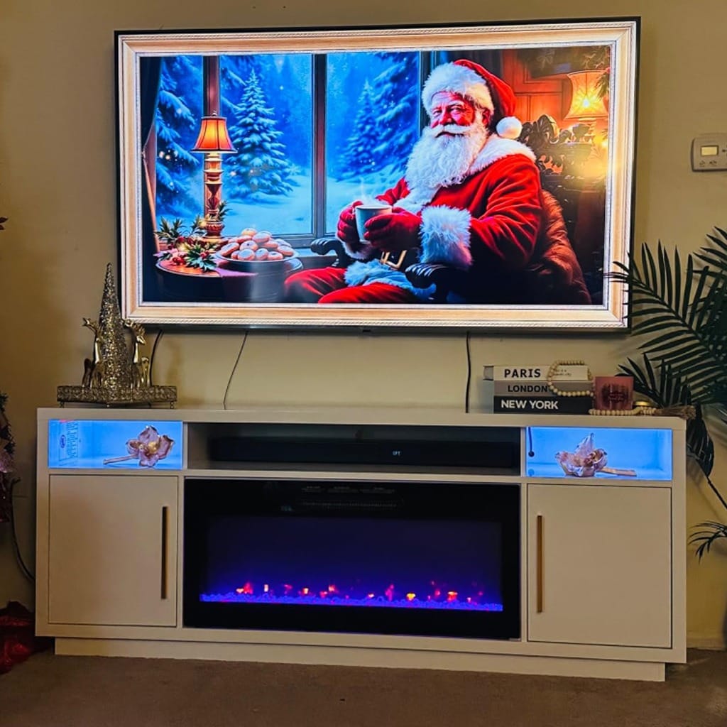 image Cozy living room with TV showing Santa, festive decor, and modern fireplace, setting a warm holiday atmosphere. | Sky Rye Design Cozy living room with TV showing Santa, festive decor, and modern fireplace, setting a warm holiday atmosphere.