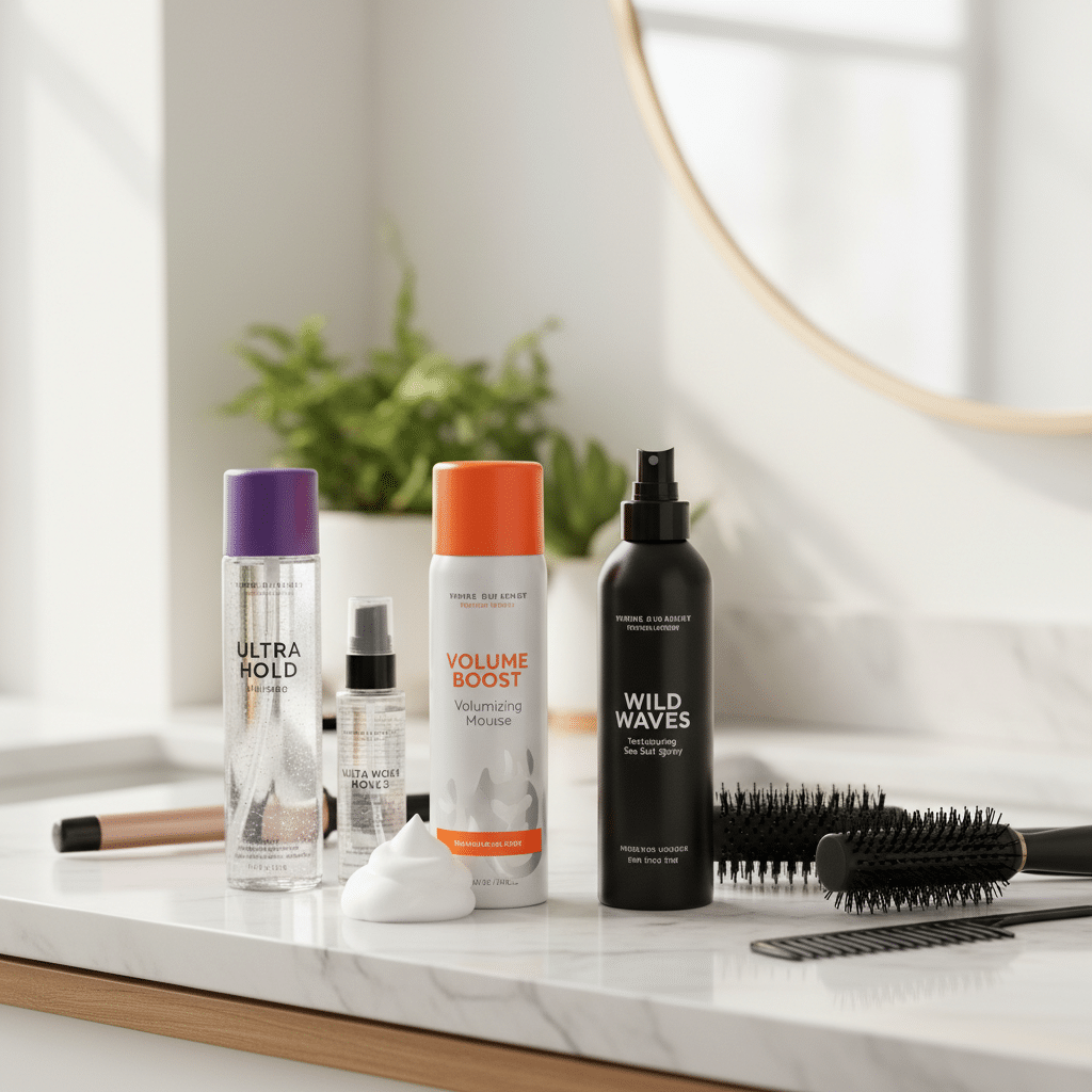 Hair styling products on a bathroom counter with brushes and combs.
