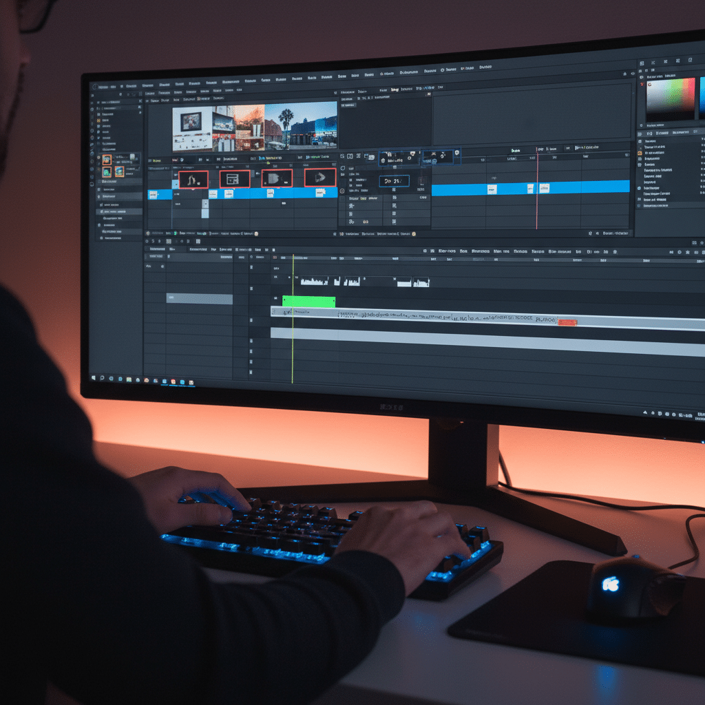 image Person editing video on a desktop computer with dual monitors and a colorful backlit keyboard. | Sky Rye Design Person editing video on a desktop computer with dual monitors and a colorful backlit keyboard.