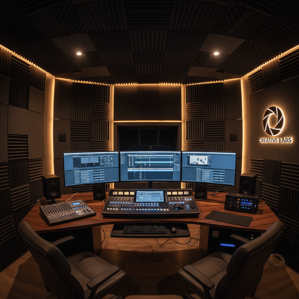 image Modern audio editing studio with multiple screens, mixing console, speakers, and soundproofing panels. | Sky Rye Design Modern audio editing studio with multiple screens, mixing console, speakers, and soundproofing panels.