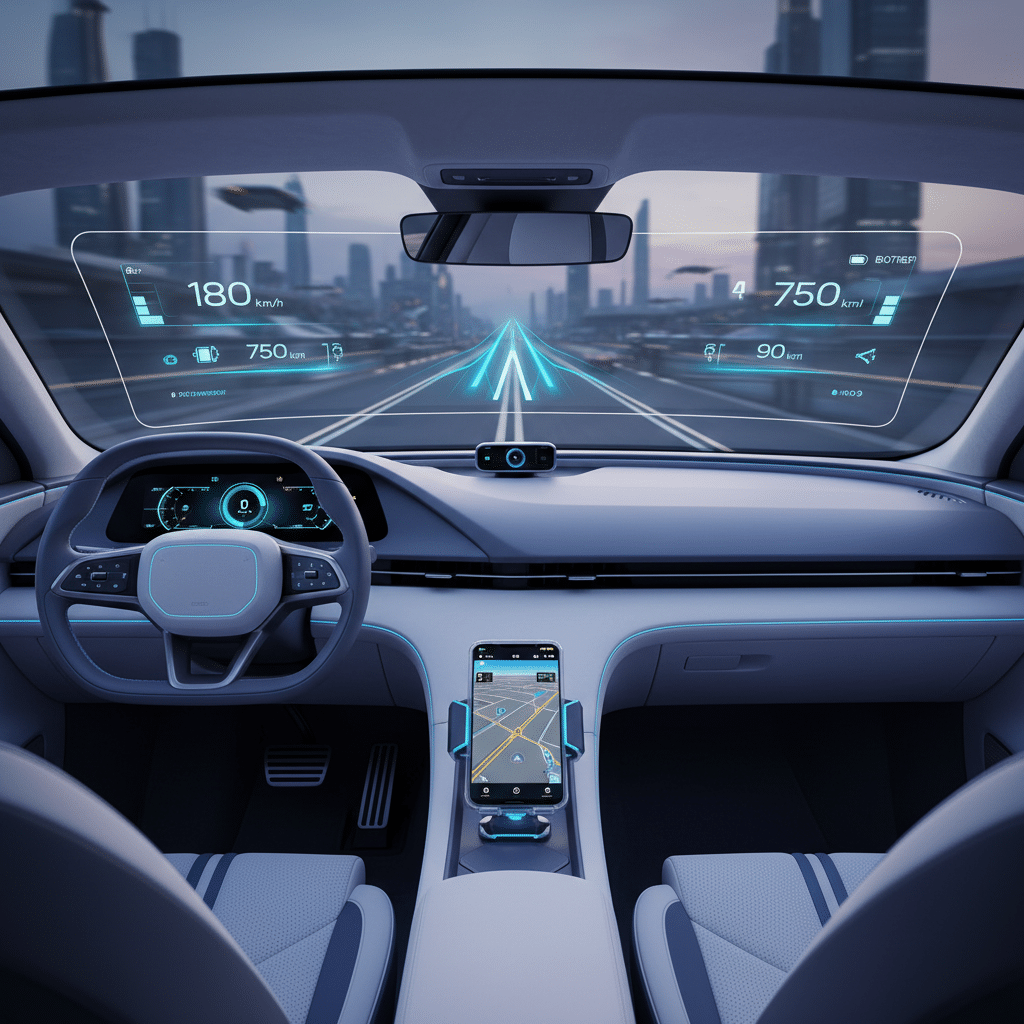 Futuristic car with digital dashboard and heads-up display in cityscape, showcasing advanced navigation and speed metrics.