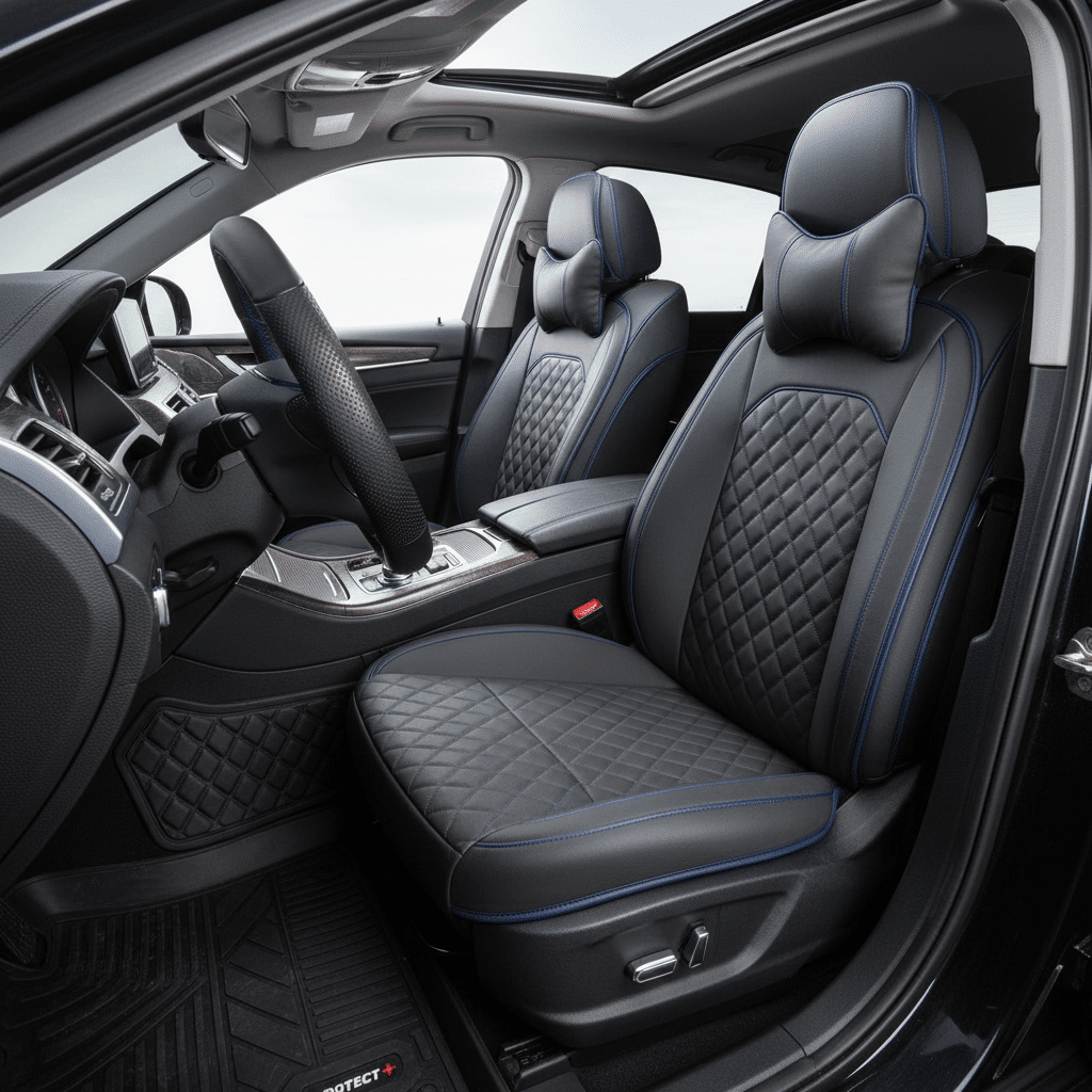 Luxurious black diamond-stitched leather car seats with blue accents and modern interior design.