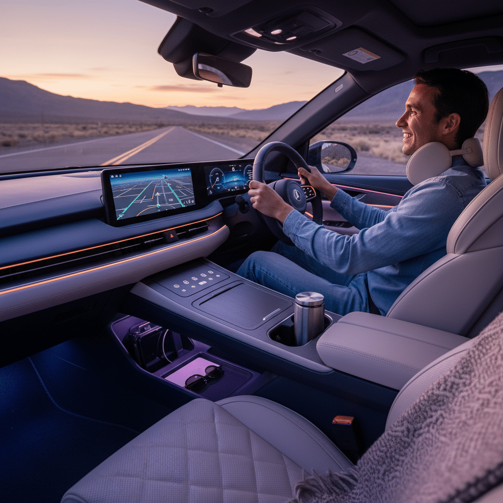 Man driving modern car with digital dashboard on scenic road at sunset.