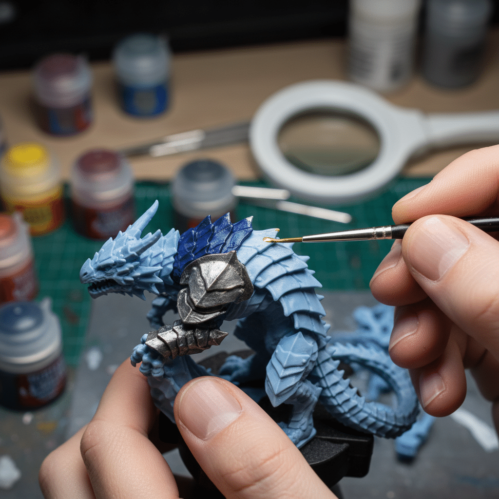image Close-up of a person painting a detailed blue dragon miniature with a fine brush, surrounded by art supplies. | Sky Rye Design Close-up of a person painting a detailed blue dragon miniature with a fine brush, surrounded by art supplies.
