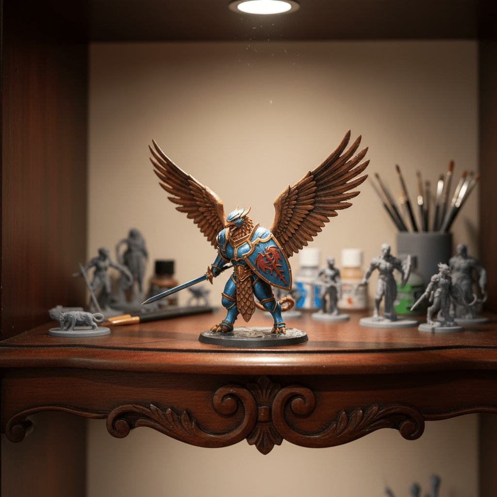image Painted miniature knight with wings on red armor, surrounded by art supplies on a wooden shelf. | Sky Rye Design Painted miniature knight with wings on red armor, surrounded by art supplies on a wooden shelf.