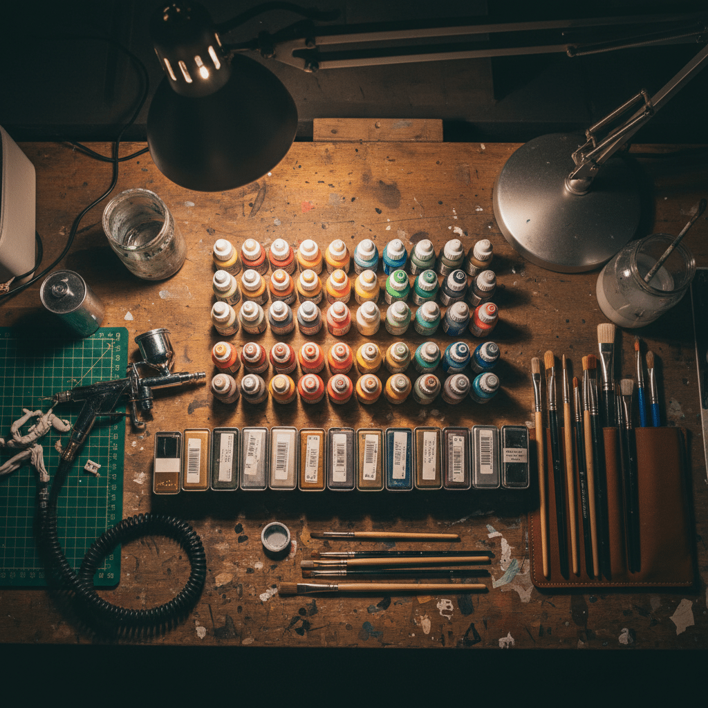 image Art supplies on a wooden desk with colorful paint bottles, brushes, and lamps, perfect for creative projects. | Sky Rye Design Art supplies on a wooden desk with colorful paint bottles, brushes, and lamps, perfect for creative projects.