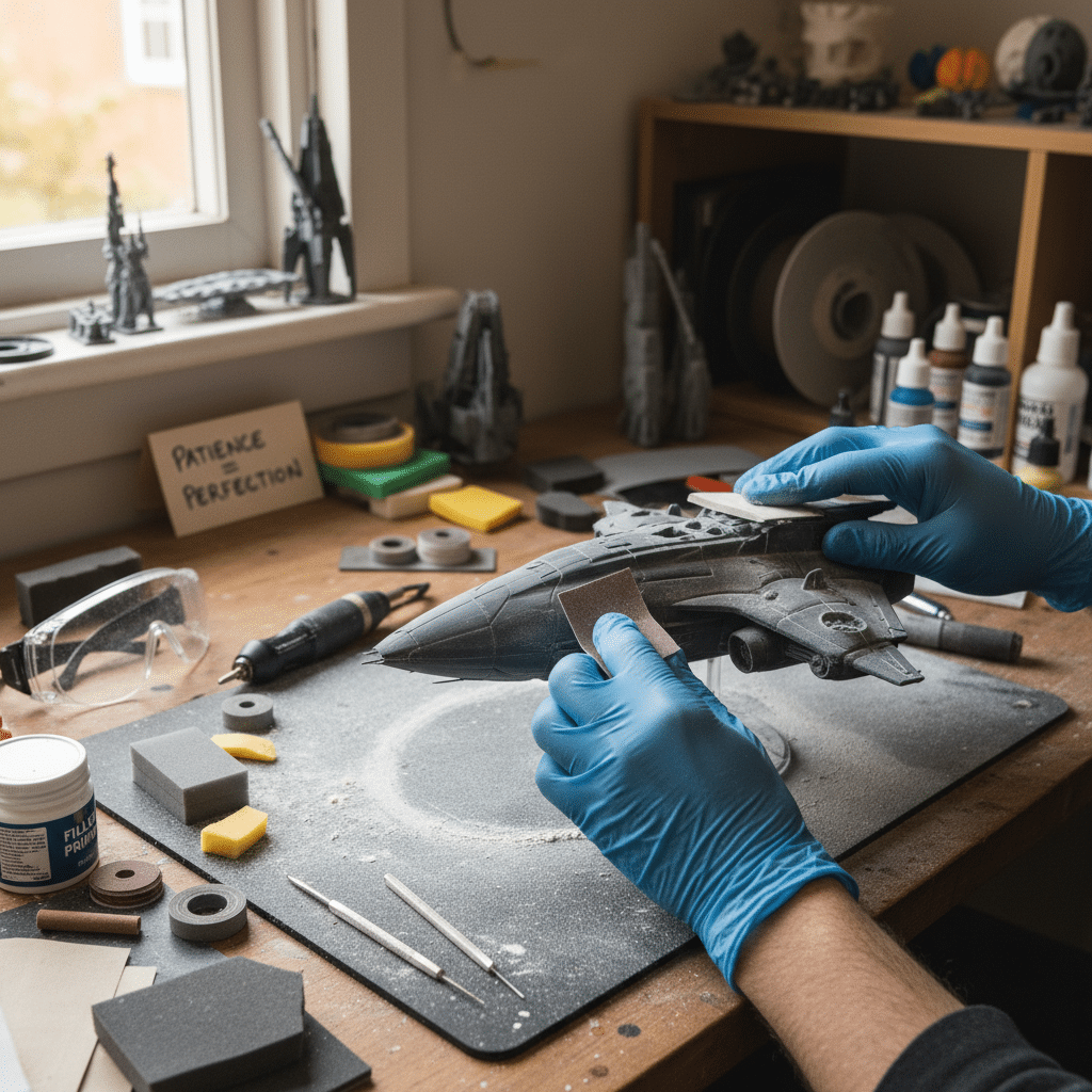 image Person crafting a detailed spaceship model with tools on a workbench, emphasizing precision and craftsmanship. | Sky Rye Design Person crafting a detailed spaceship model with tools on a workbench, emphasizing precision and craftsmanship.