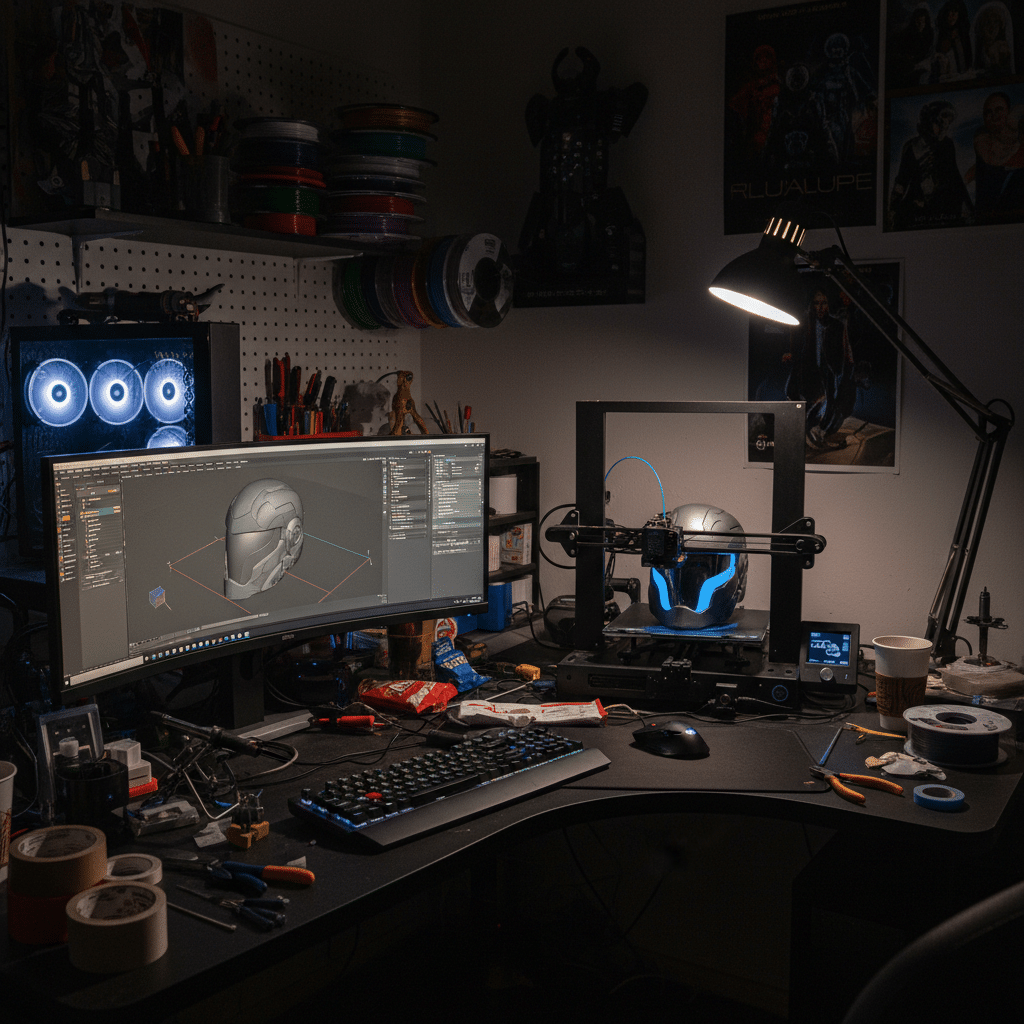 image 3D printing setup with a monitor displaying helmet design, surrounded by tools and filament spools in a workshop. | Sky Rye Design 3D printing setup with a monitor displaying helmet design, surrounded by tools and filament spools in a workshop.