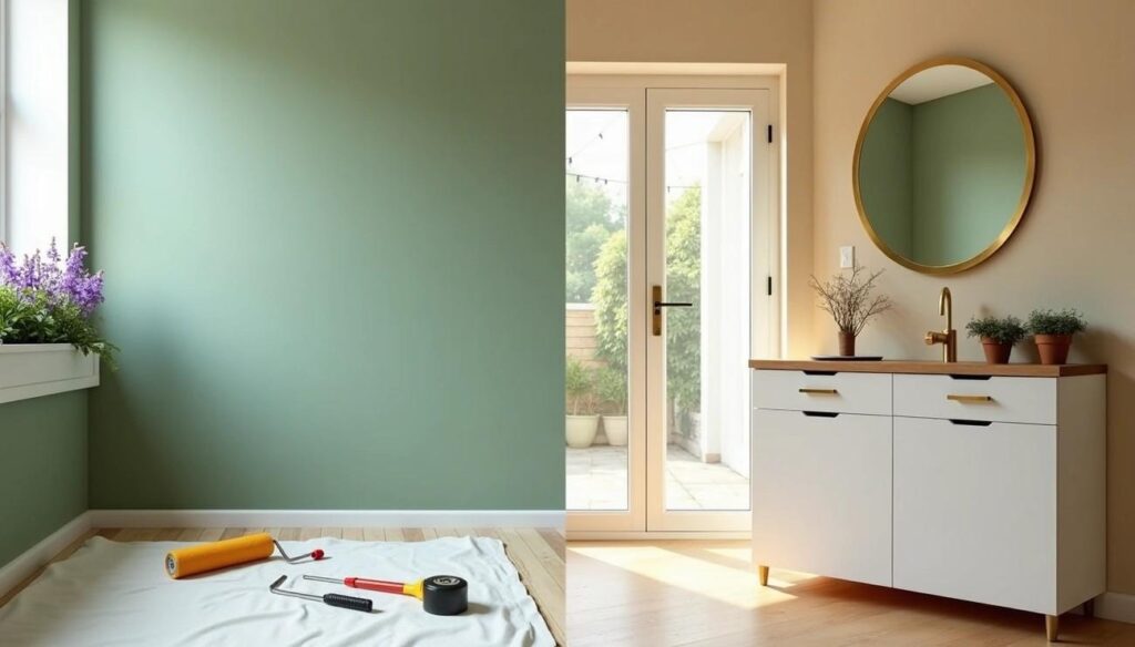image Modern room transformation: freshly painted wall with tools, sleek vanity, large round mirror, and double doors leading outside. | Sky Rye Design Modern room transformation: freshly painted wall with tools, sleek vanity, large round mirror, and double doors leading outside.